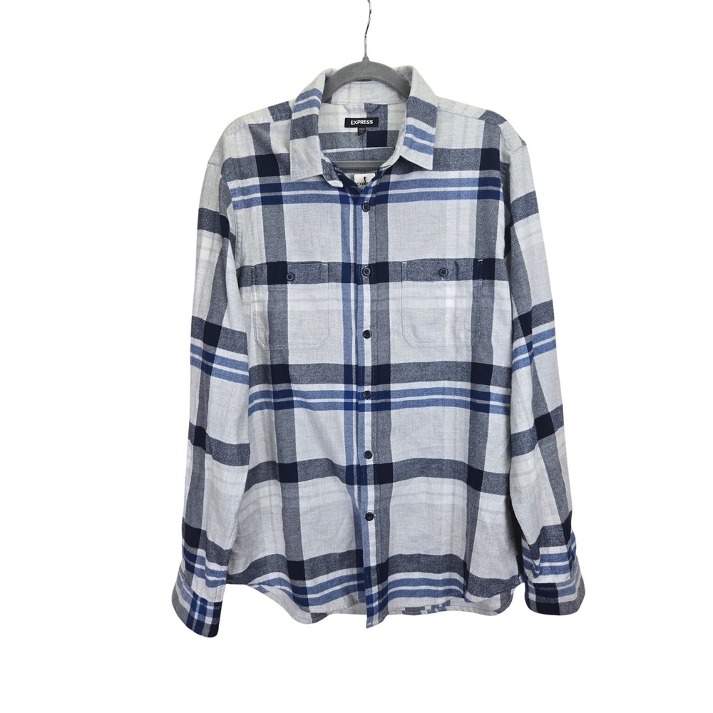 Express Mens Flannel Shirt Large Blue Gray‎ Plaid Long Sleeve Button Up Outdoors